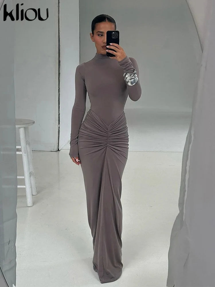 Shirred High Neck Long Sleeve Maxi Dress for Women
