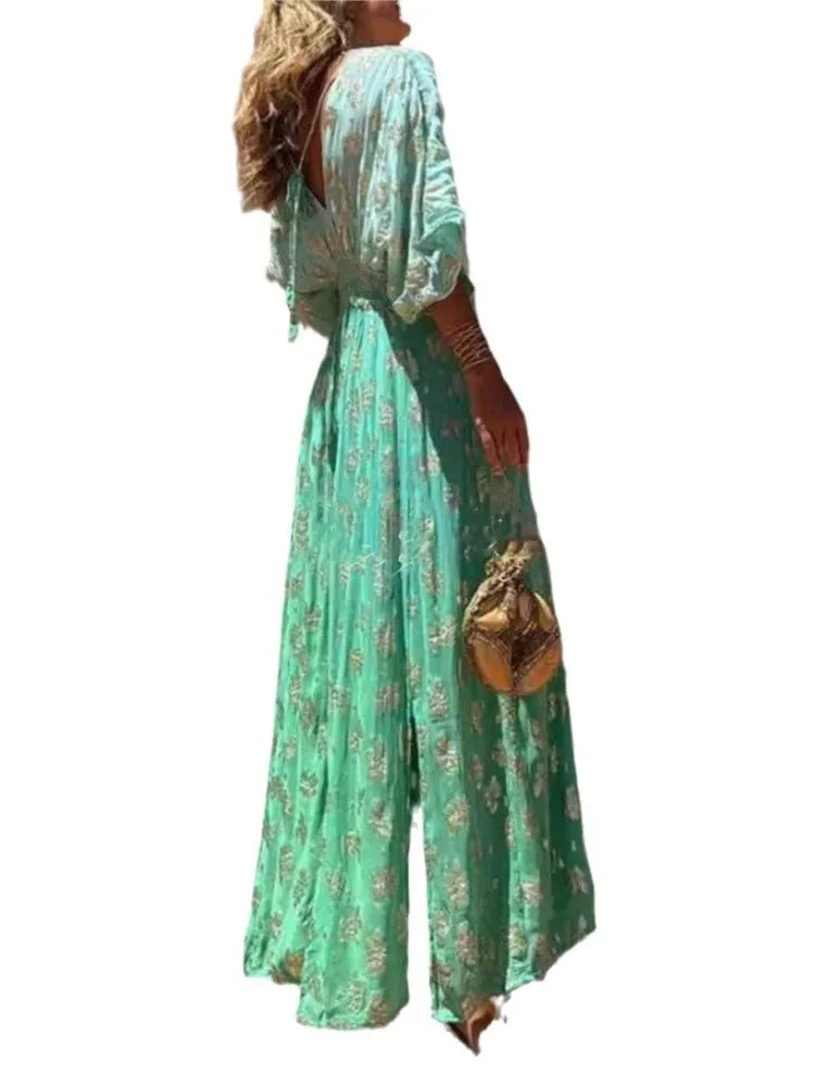 Gradient Print V Neck Backless Lace Up Jumpsuit for Women
