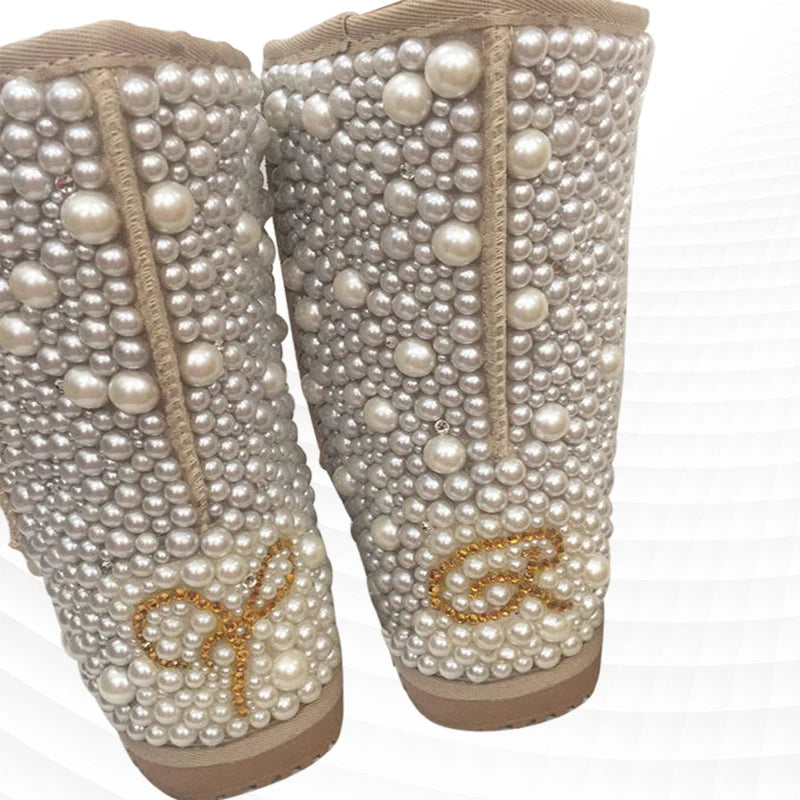 Pearl Embellished Warm Mid-Calf Snow Boots for Women