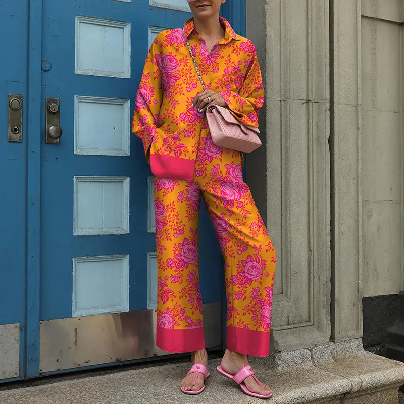 Vintage Printed Two Piece Trouser Suit Set for Women