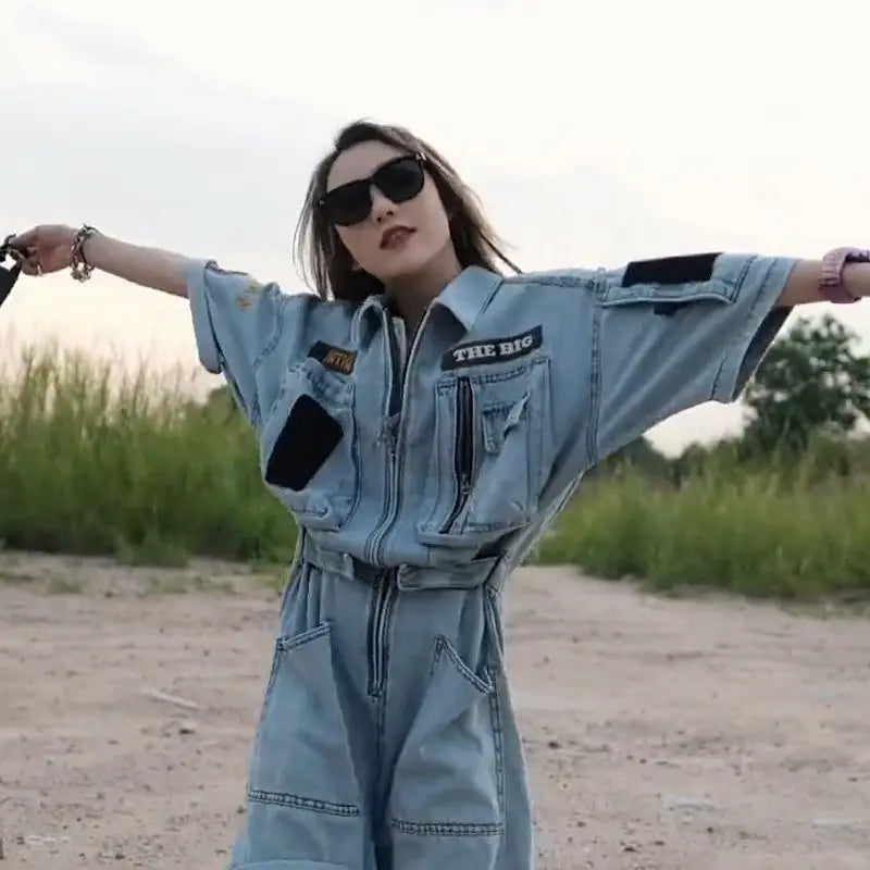 Oversized Embroidered Polo Collar Jumpsuit For Women