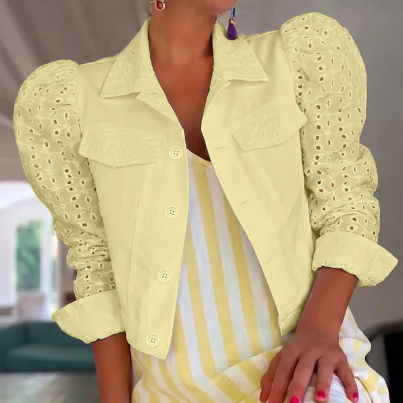 Elegant Lapel Bubble Sleeve Short Office Jacket for Women