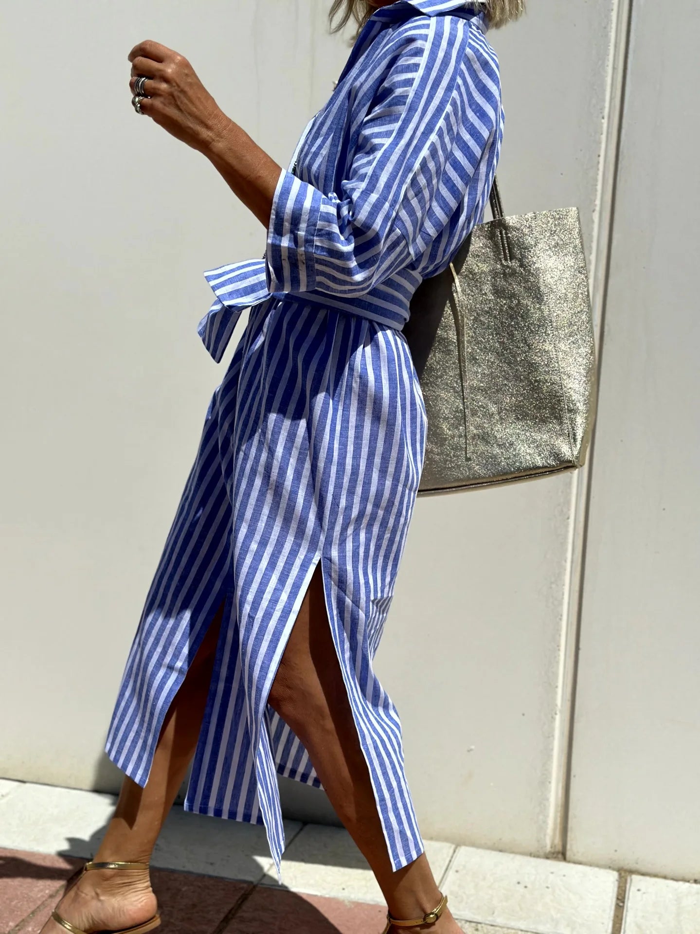 Striped Belted Ankle Length Half Sleeves Lapel Dress for Women