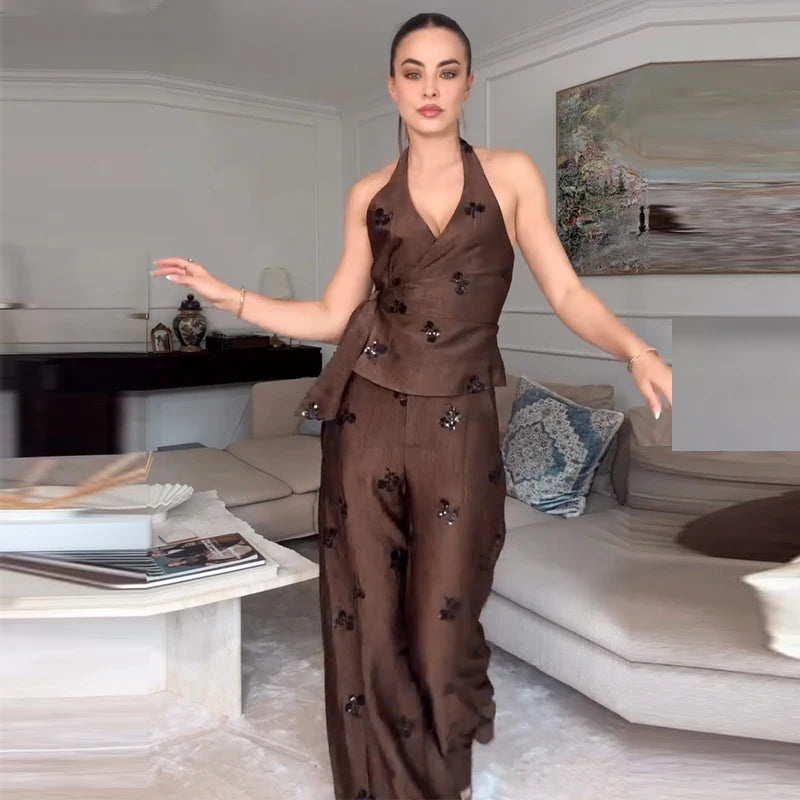 Elegant Sequin Halter Top and Wide Leg Pants Two Piece Set for Women