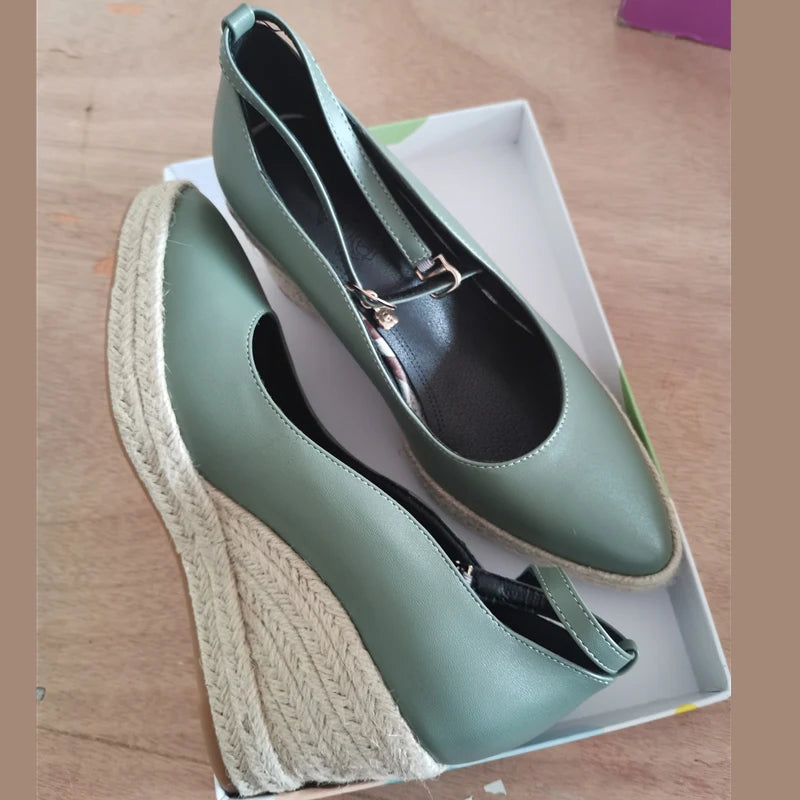 White Green Ankle Strap Platform Wedges