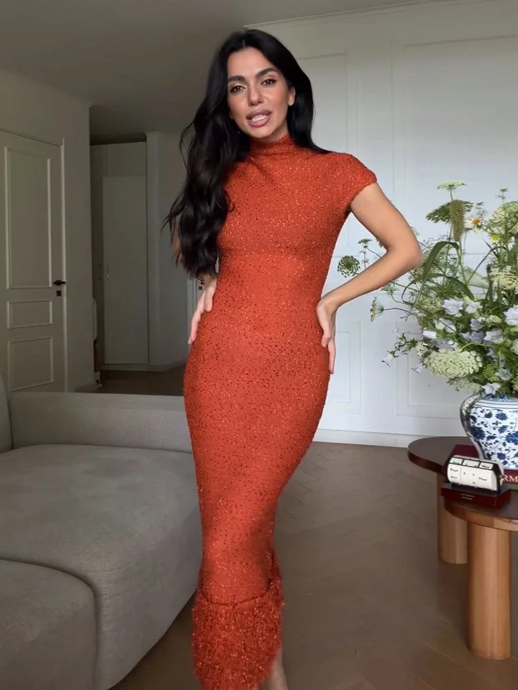 Sequin Knit Short Sleeve Tassel Midi Party Dress for Women