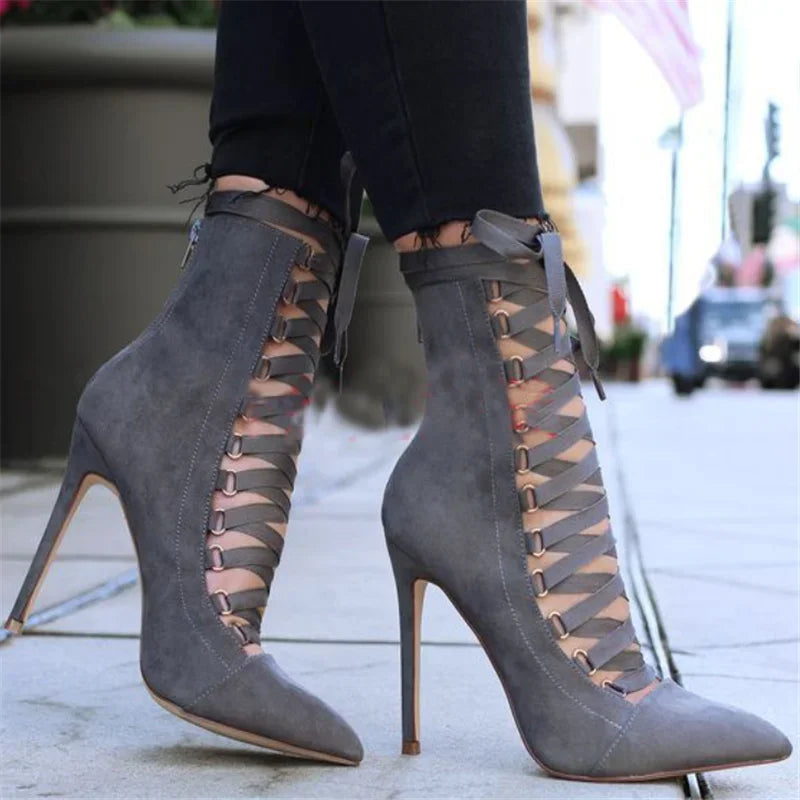 Flock Lace Up High Heel Pointed Toe Ankle Sandals For Women