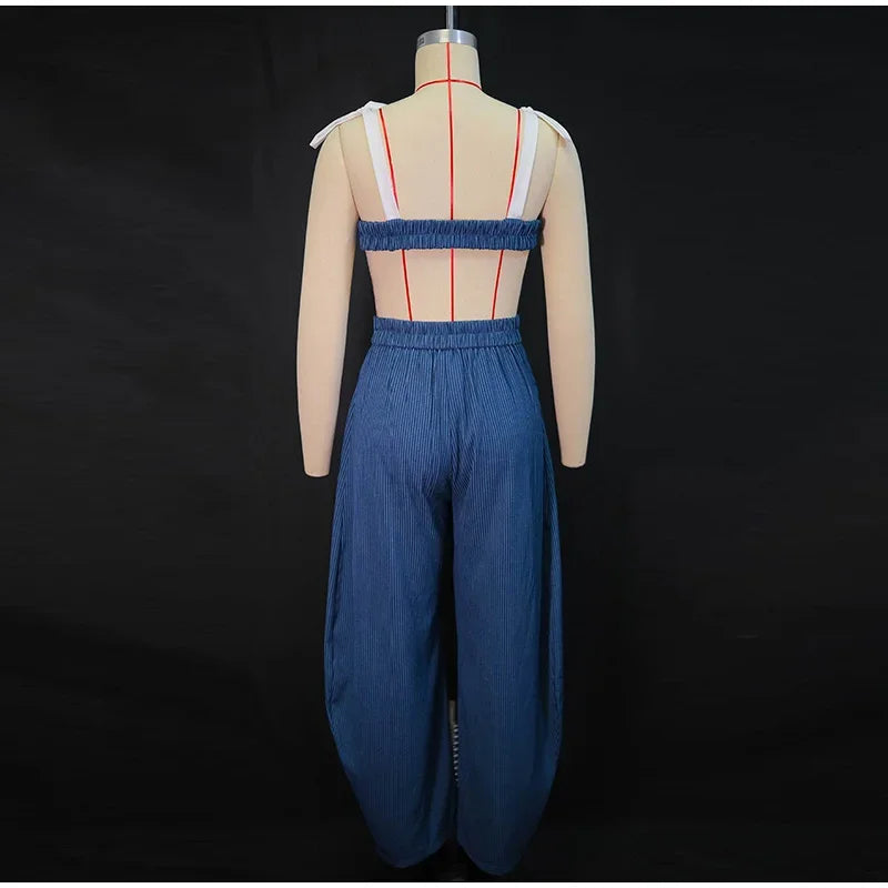 Striped Contrast Sleeveless Crop Top And Pants Set For Women