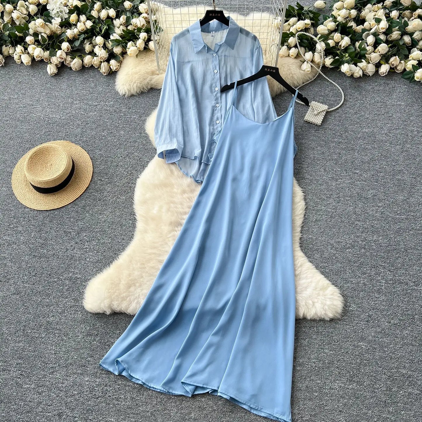 Elegant Long Sleeve Turn Down Collar Solid Color Two Piece Set for Women