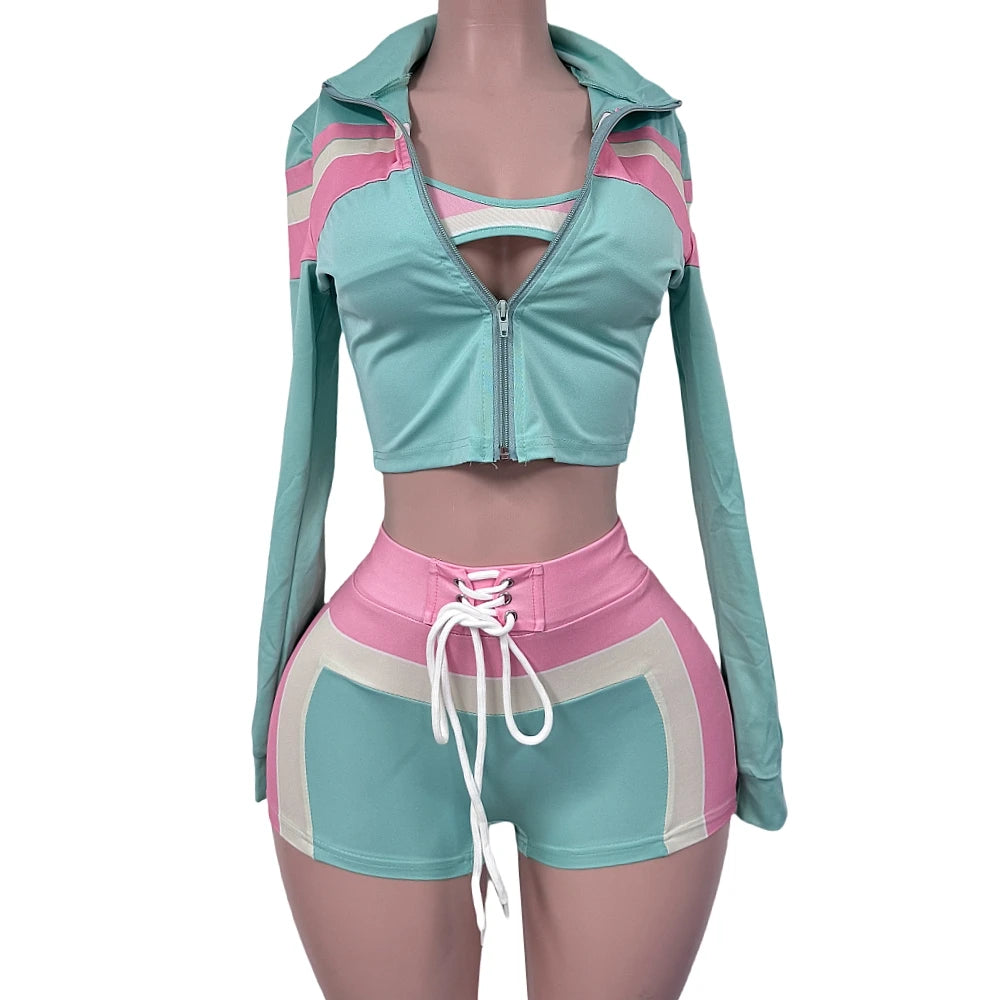 FAGADOER Sexy Sport 3 Pieces Set for Woman Color Block Long Sleeves Jacket + Tanks Top and Shorts Matching Female Beach Swimsuit