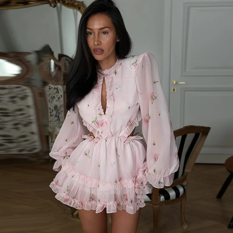 Floral Ruffle Mini Skirt Set With Lace Trim Top For Women