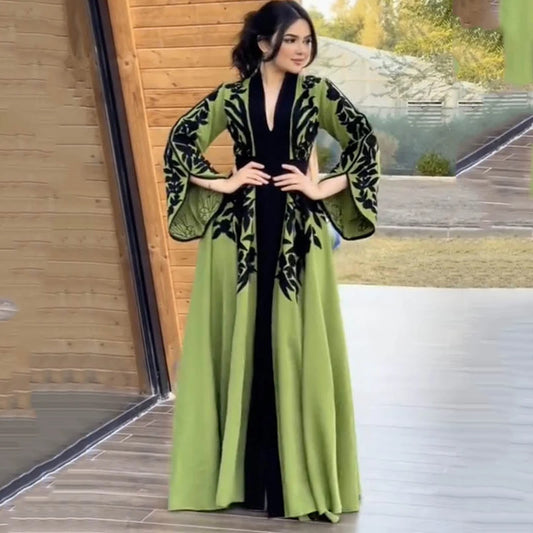 2025 New Spring Summer Muslim Robe Dress Fashion Flared Sleeves V-Neck Appliques Party Evening Maxi Dresses For Women