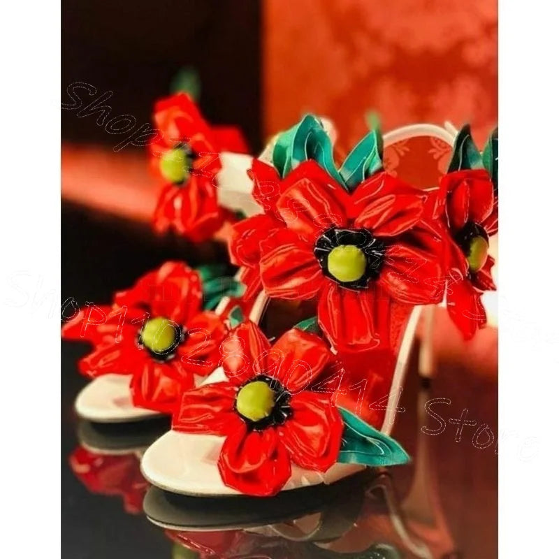Red Foliage Applique Open Toe High Heel Shoes for Women