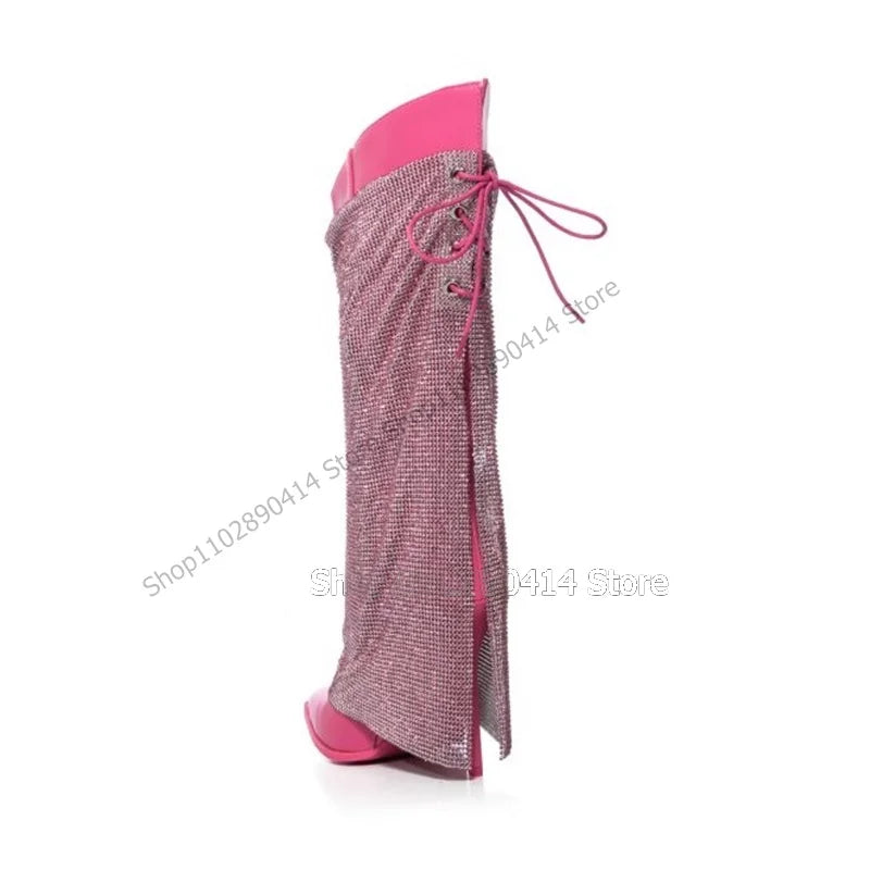 Rose Red Mesh Decor Pointed Toe Stiletto Boots For Women