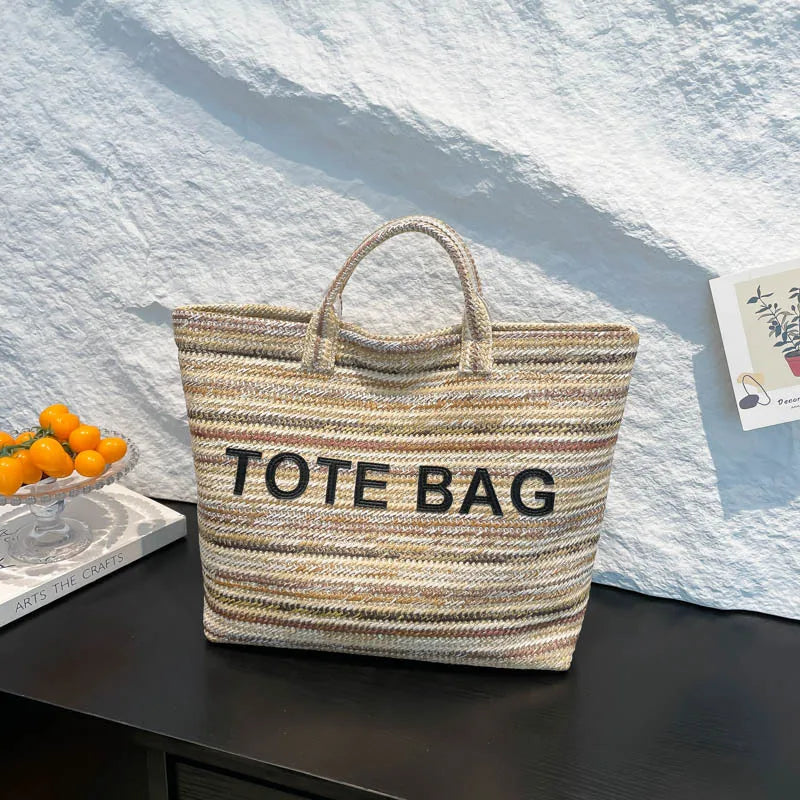 Large capacity beach woven bag, colorful striped tote bag, letter contrasting handbag for women