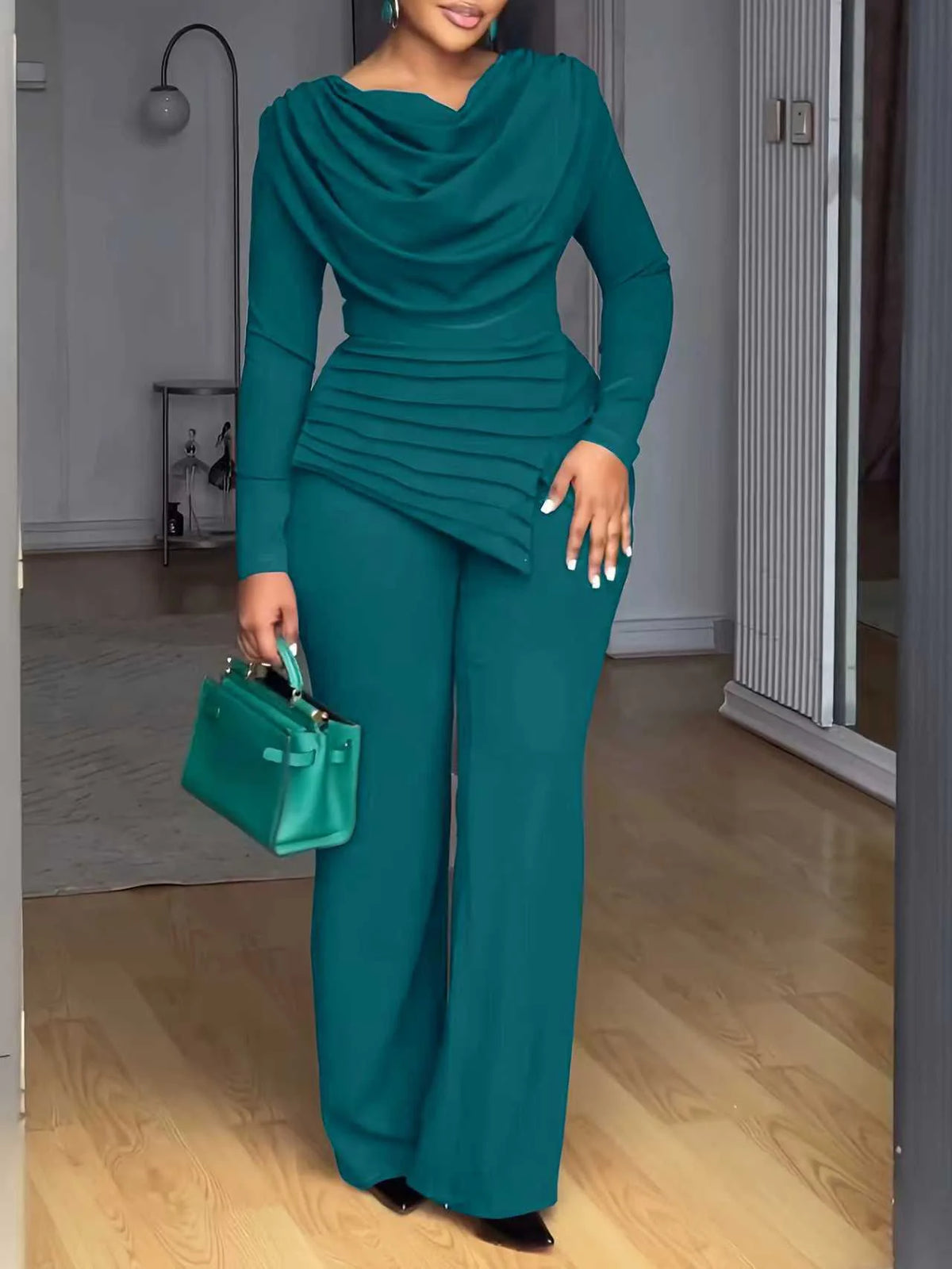 Casual Pile Collar Two Piece Wide Leg Pants Set for Women