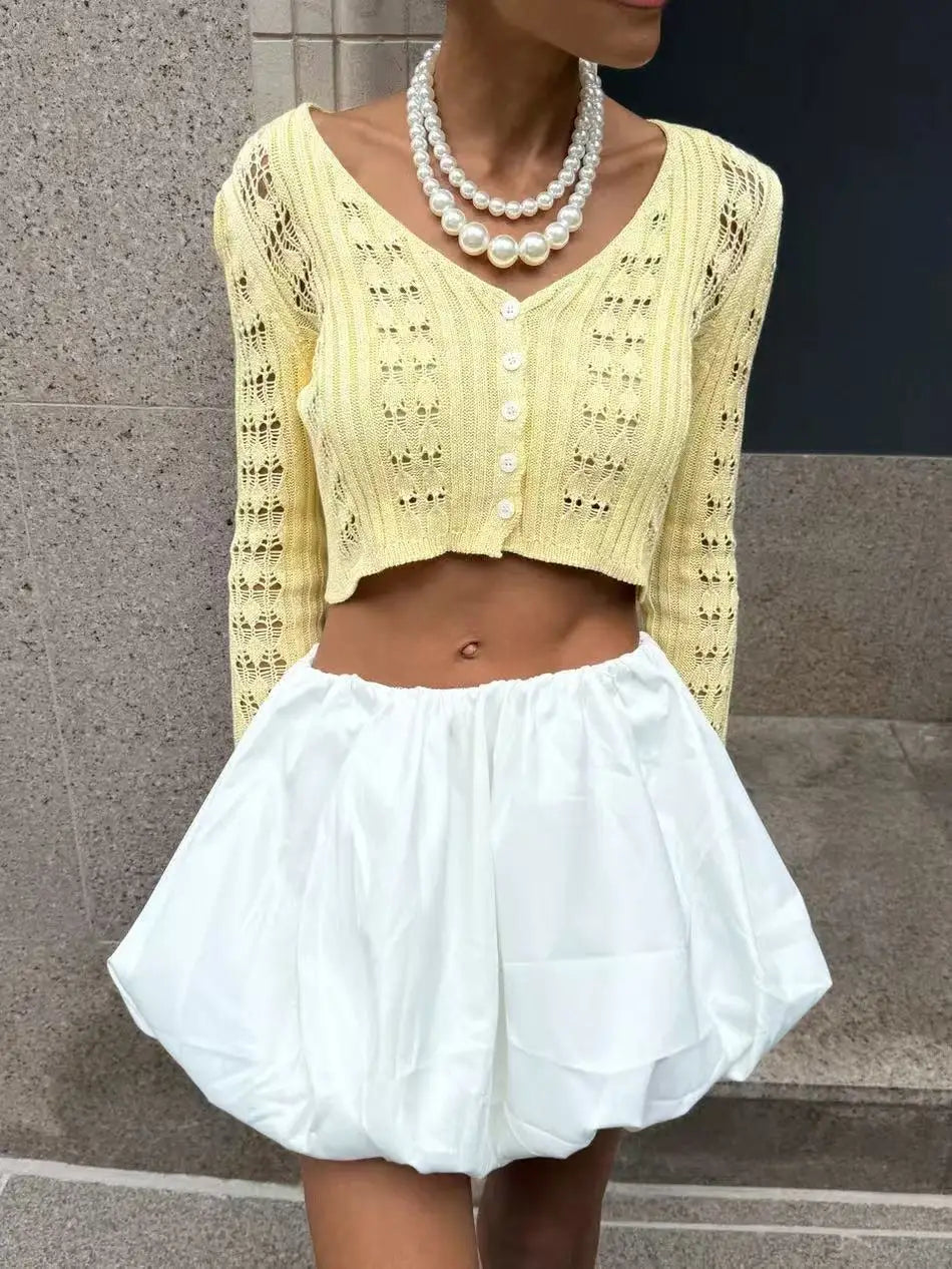 Autumn Knitted Cardigan Female Solid V-Neck Hollow Out Short Knitted Top Fashion Casual Loose Commuter Female T-Shirt