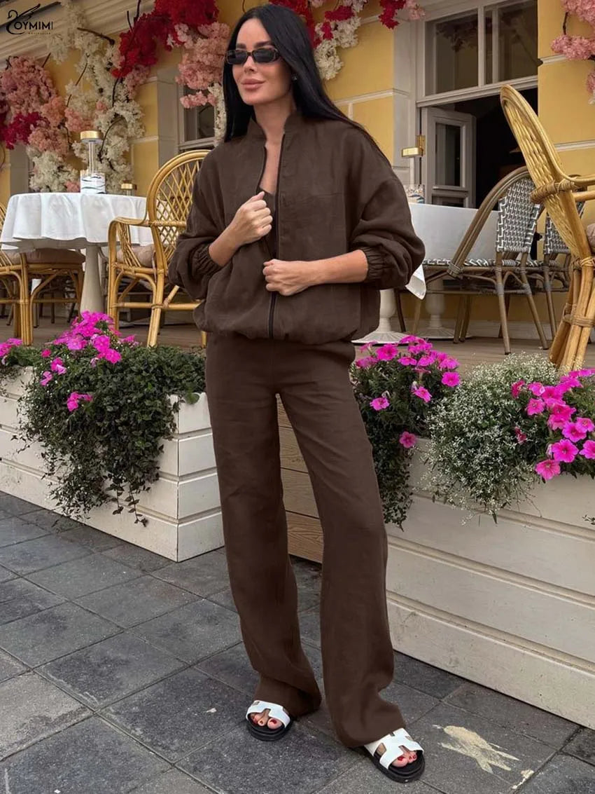 Oymimi Fashion Brown Loose 3 Pieces Set For Woman Elegant Zipper Shirts And V-Neck Sleeveless Tops + Straight Pockets Pants Sets