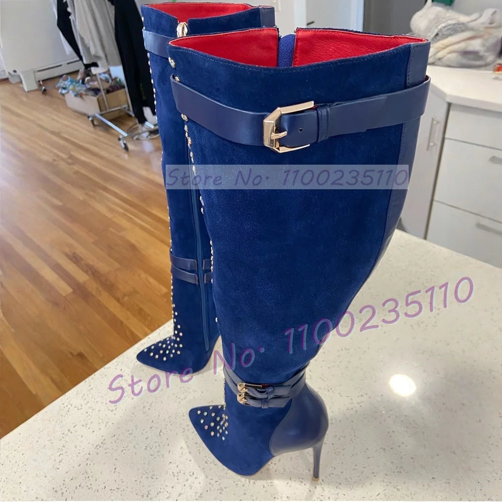 Crystal Embellished Pointed Toe Knee High Boots For Women