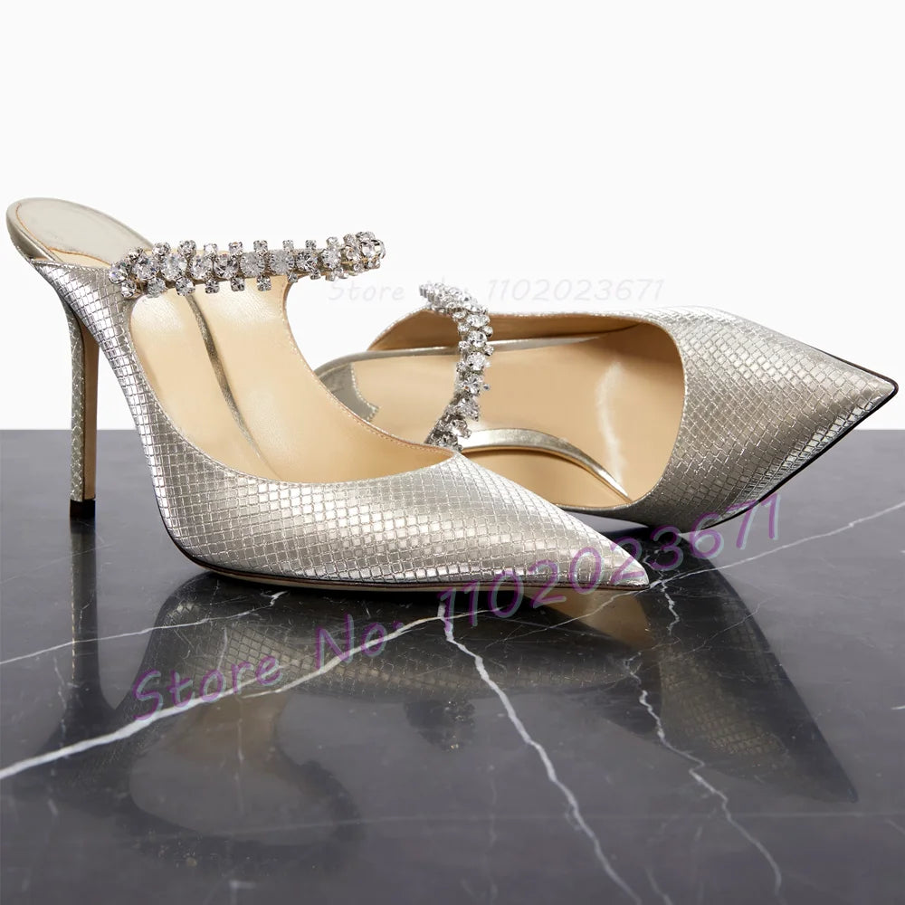 Metallic Silver Rhinestone Arch Strap High Heel Mules for Women