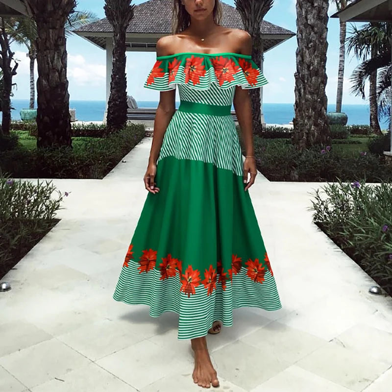 Striped Off Shoulder Bikini Set with High Waist Skirt for Women