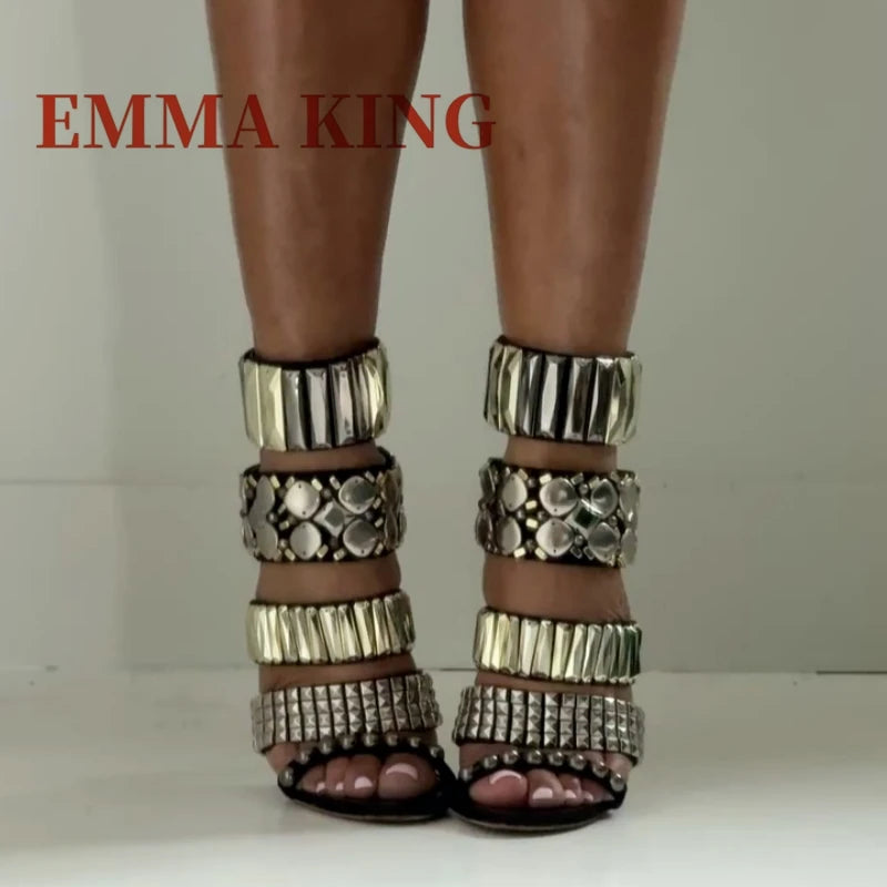 Black Rhinestone Ankle Strap Stiletto Sandals for Women