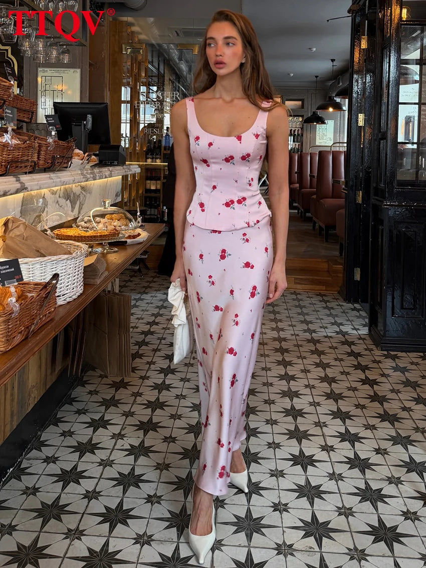 Sleeveless Printed Two Piece Top and Long Skirt Set for Women