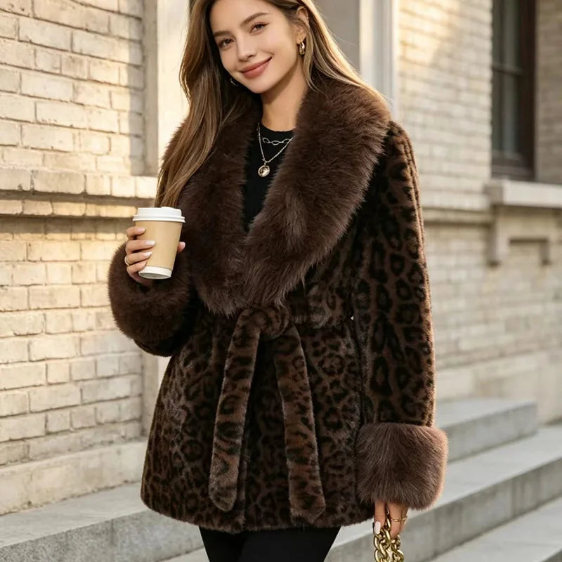 Leopard Print Faux Fur Patchwork Winter Overcoat for Women