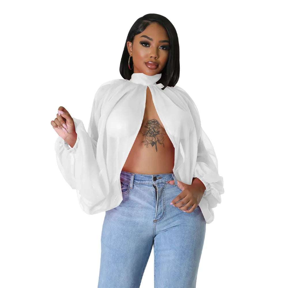 Sheer Lantern Sleeve Blouse with Tie Back for Women