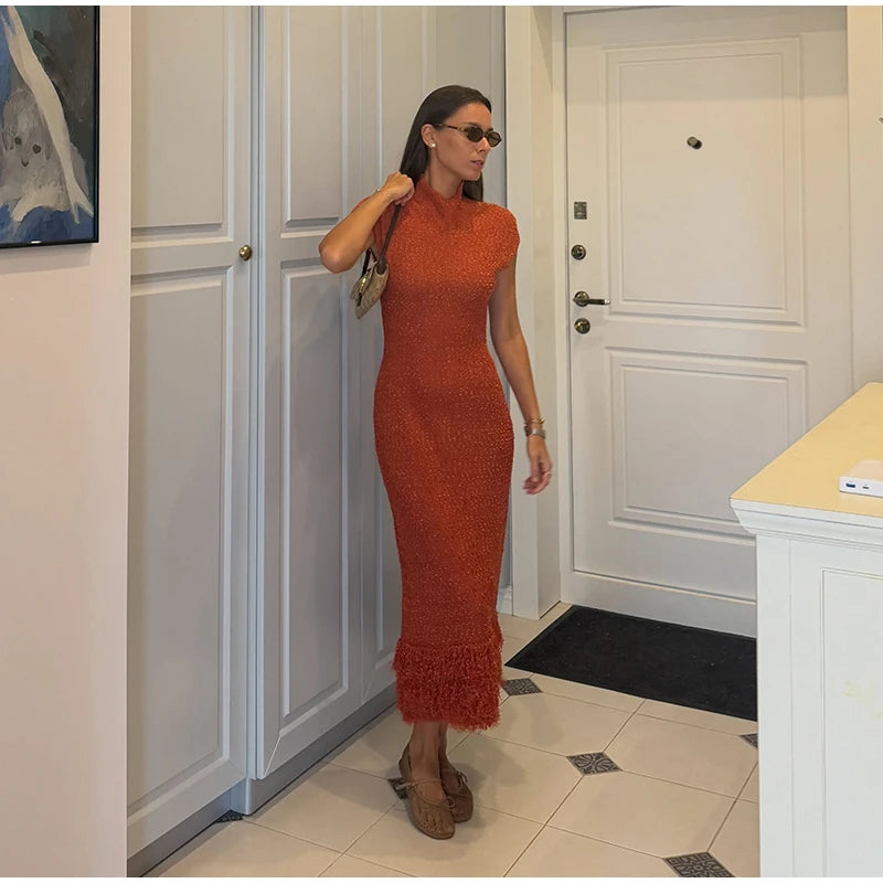 Sequin Knit Short Sleeve Tassel Midi Party Dress for Women