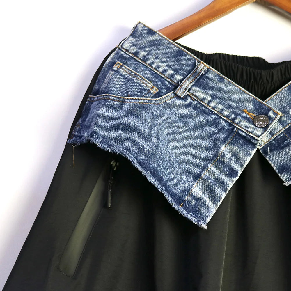 Casual Ankle-Length Spliced Denim with Contrast Color Skirt for Women
