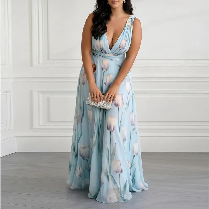 Light Blue Tulip Chiffon V Neck Sleeveless A Line Maxi Dress For Women