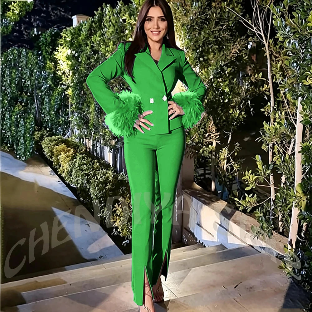 Luxury Feather Women's Suit Sim Fit Peak Lapel Jacket Pants with Split Fashion Outfit for Office Lady Party Business Wear