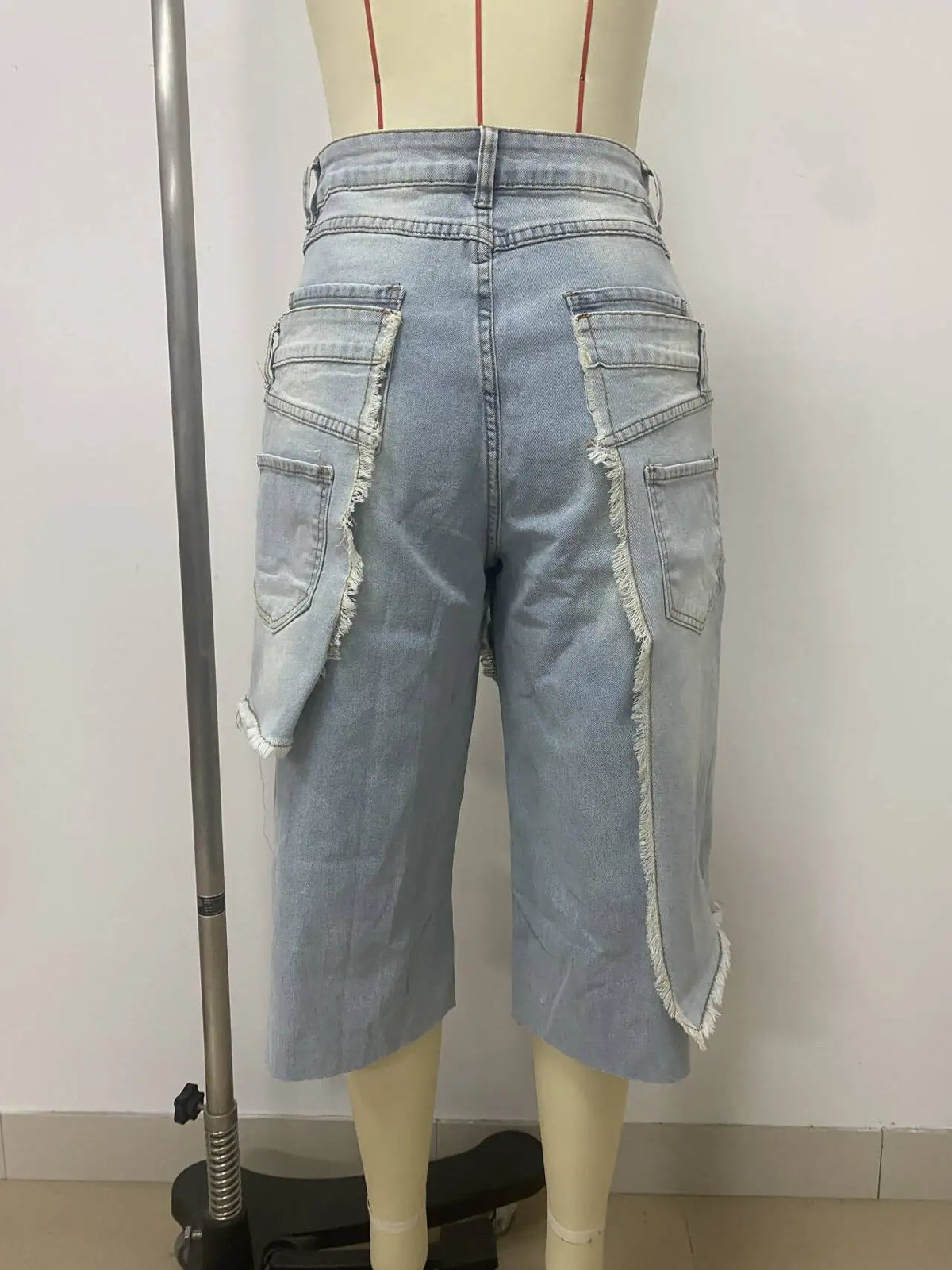 Ripped Ruffle High Waisted Denim Cargo Shorts for Women