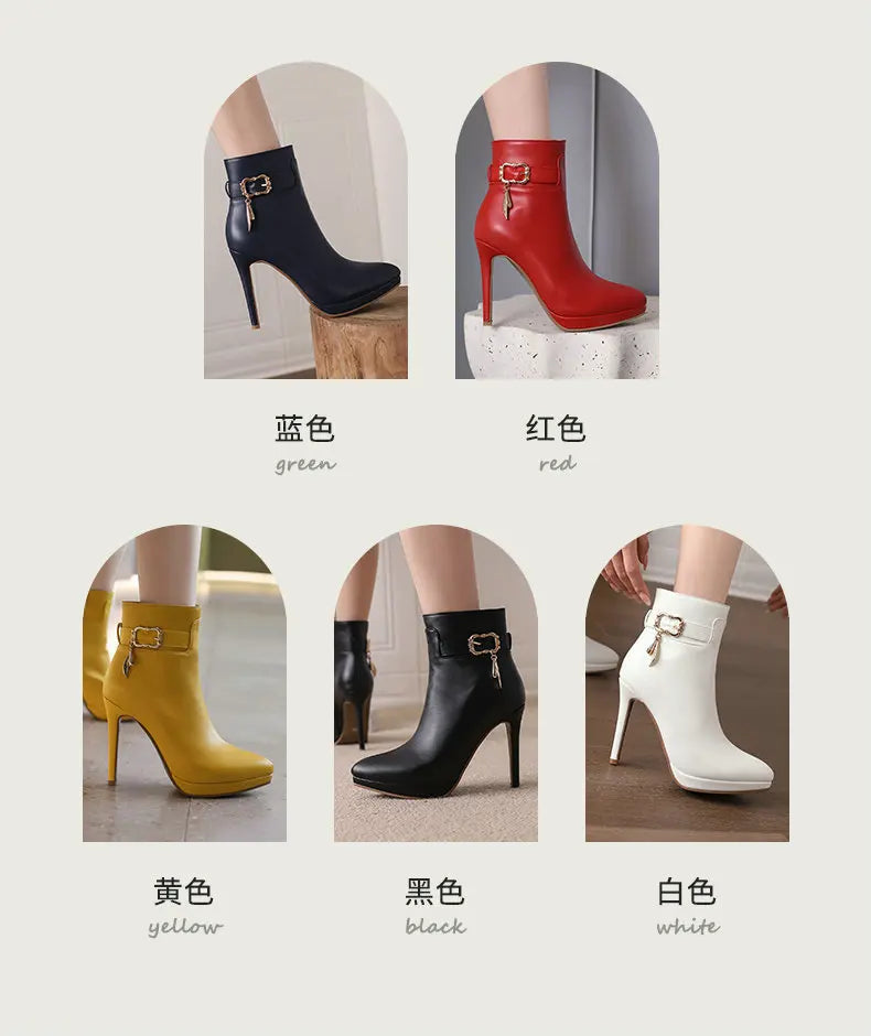 Red High Heel Pointed Toe Ankle Boots