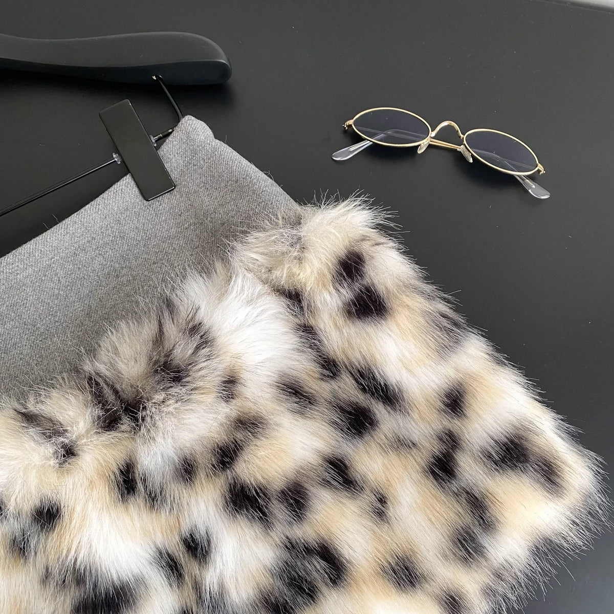 Leopard Print Furry A-Line Mini Skirt With Zipper for Women
