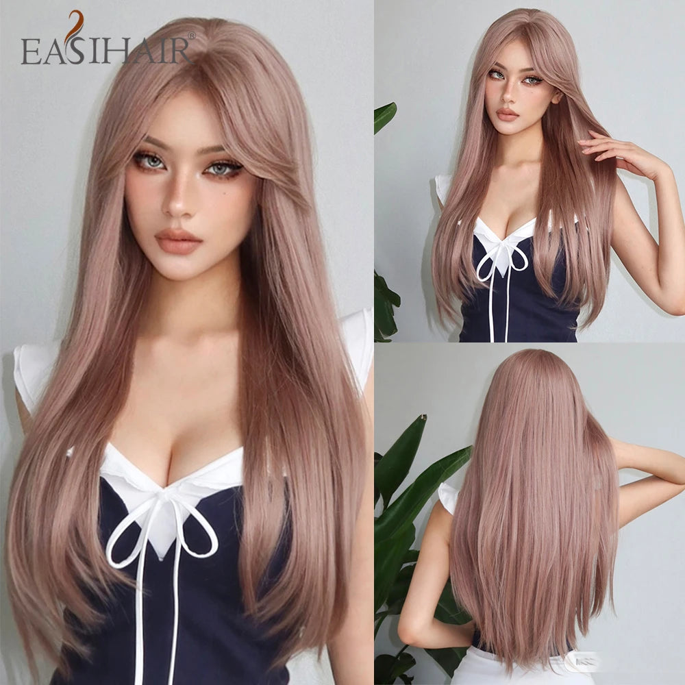 Long Straight Black Synthetic Wig With Bangs for Women