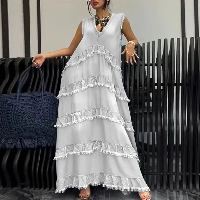 Solid Color V-Neck A-Line Ankle Length Dress for Women