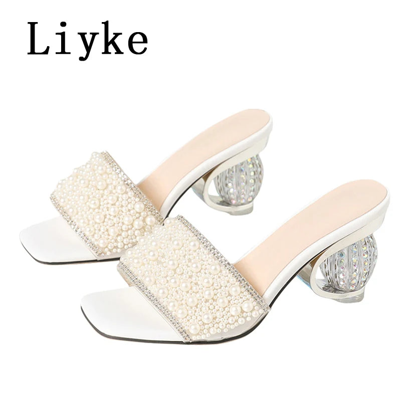 White Pearl Beaded Embellished Strappy Sandals for Women