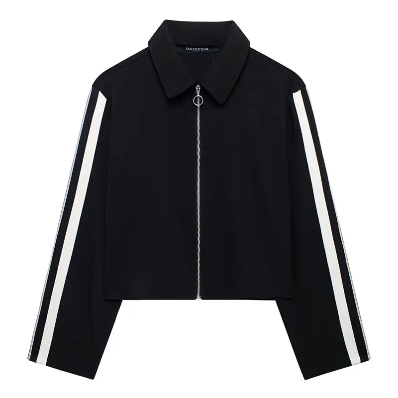 Lapel Long Sleeve Zipper Sports Jacket Two Piece Wide Leg Pants Set for Women