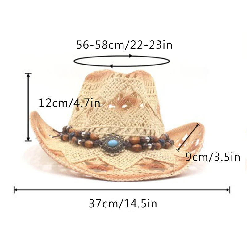 Creative Curled Straw Ethnic Beaded Chain Cowboy Hat for Women