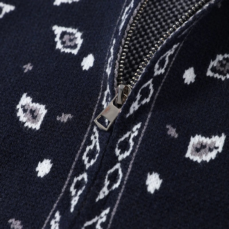 Vintage Printed Knit Stand Collar Zip Cardigan for Women