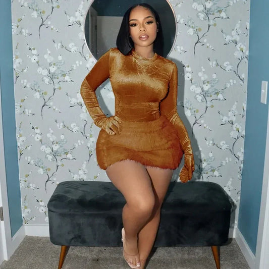 Velvet Long Sleeve Solid Gloves Sexy Bodysuit Furry Skirt 2 Piece Sets Fall Winter Women Elegant Outfit Party Birthday