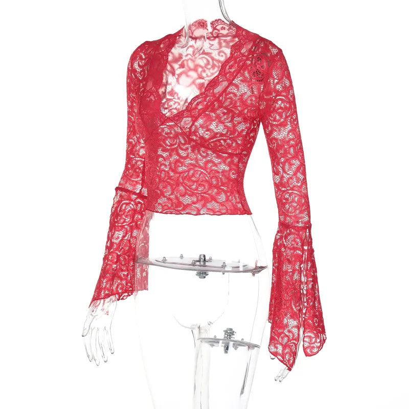 Aesthetic Lace Top Women Sexy Clothing See Through Deep V Neck Flared Long Sleeve T Shirts Party Clothes Clubwear