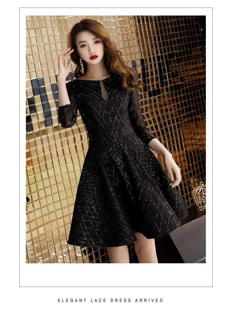 Black O-Neck Mid-Calf Evening Dress With Tatting For Women