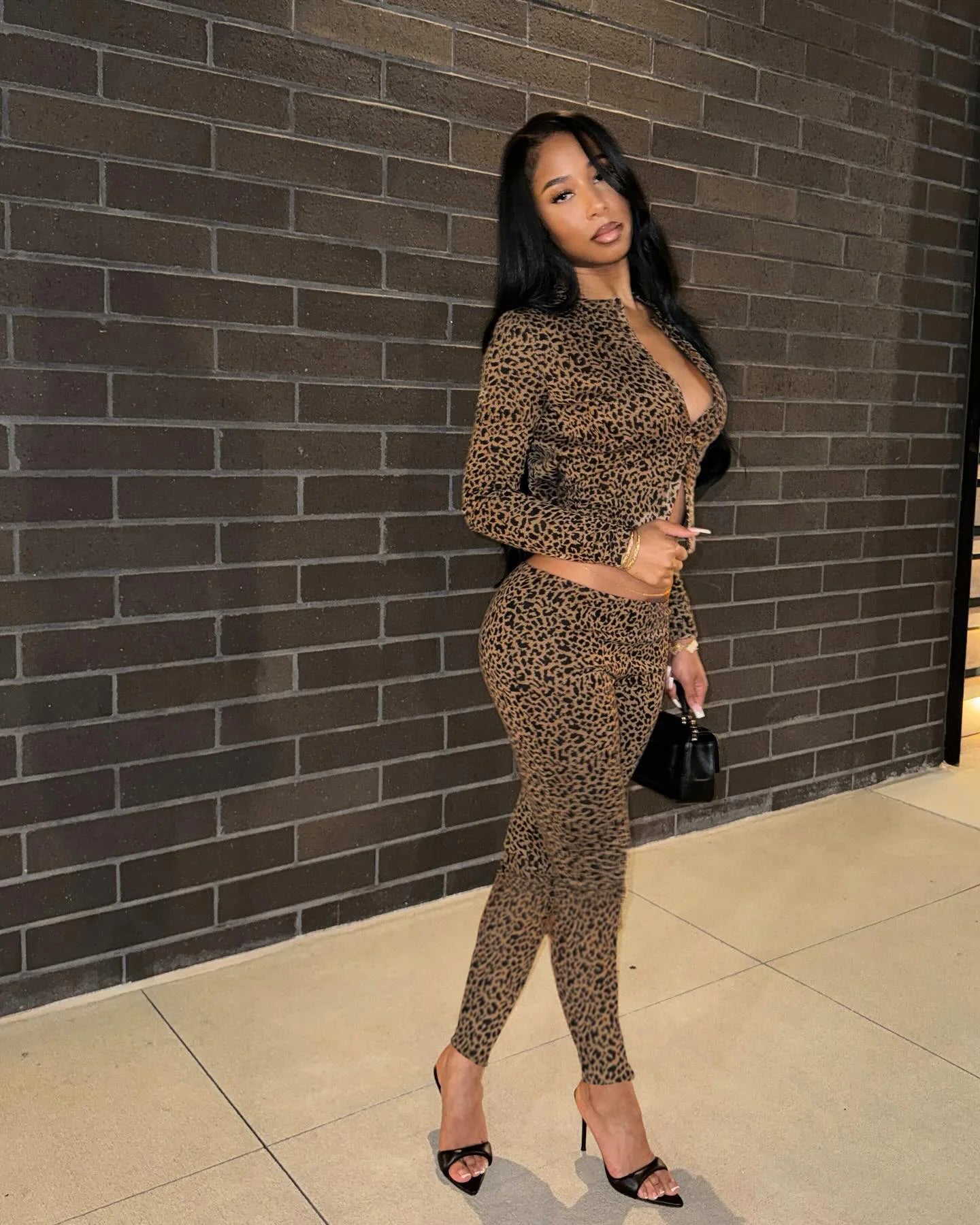 FAGADOER Fashion Leopard Print 2 Piece Sets Women Outfit Long Sleeve Crop Top + Low Waist Skinny Pants Suits Female Streetwear