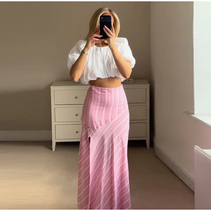 Elegant Striped Long Sleeve Shirt and Skirt Set for Women