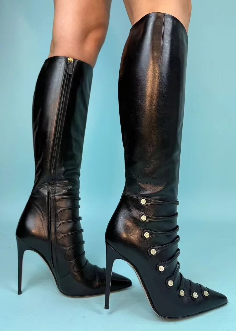 Black Leather Studded Pointed Toe Knee High Boots For Women