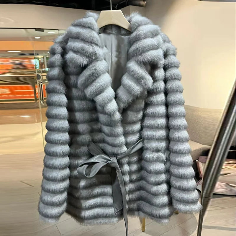 Faux Fur Belted Lapel Coat With Lace Up Front for Women