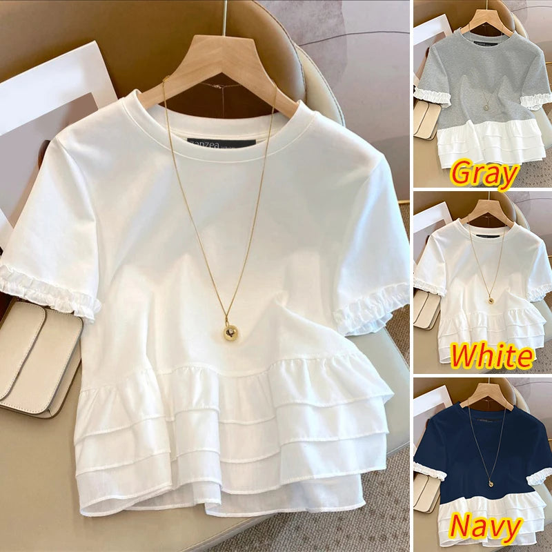 ZANZEA Woman Summer Fashion Chic T-Shirts Round Neck Short Sleeve Ruffle Trim Layered Hem Contrast-Color Casual Patchwork Tees